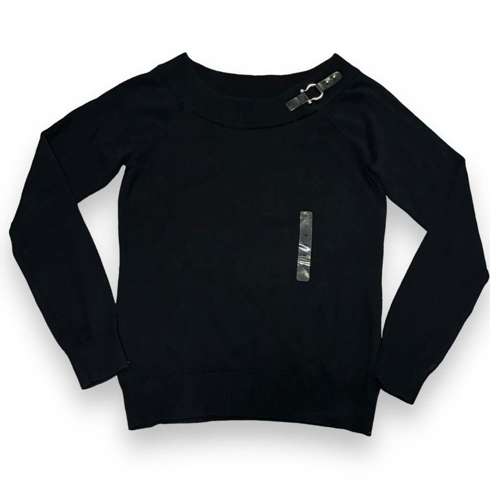 Lauren Ralph Lauren Black Off-Shoulder Sweater with Buckle Detail. Size M